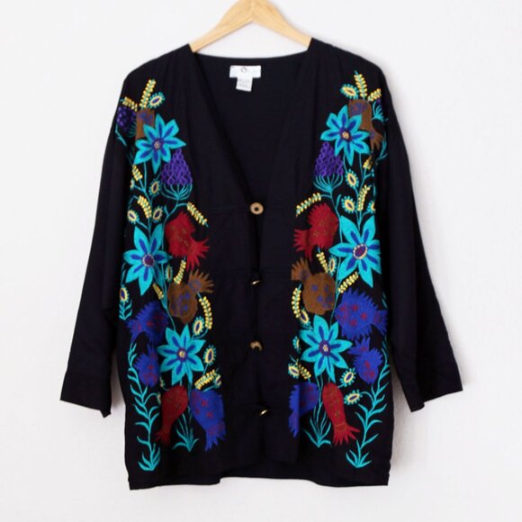 Vintage The Daily Planet Embroidered Jacket Floral Fish Metal Coin Button Size L - Picture 2 of 14